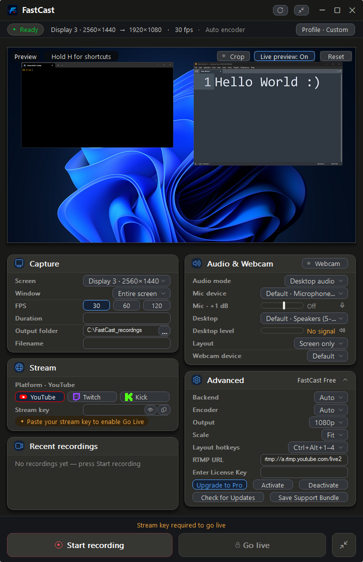FastCast expanded view with capture, audio, streaming, encoder, output, and layout controls laid out on one screen