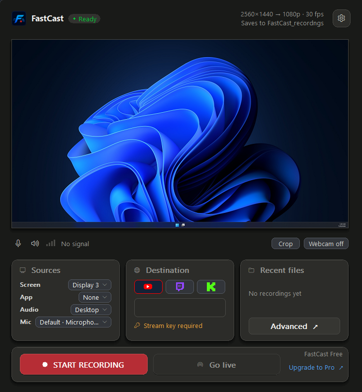 The FastCast window on Windows: a live preview of the screen being captured, with Sources, Destination, and Recent files below it, and a Start recording button
